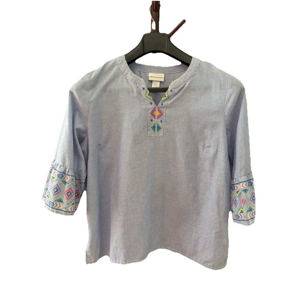 Alfred Dunner Blue Striped Boho Print Coastal Grandma Tunic Shirt